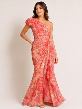 BCBGMaxAzria Coral-Pink One-Shoulder Floral Gown